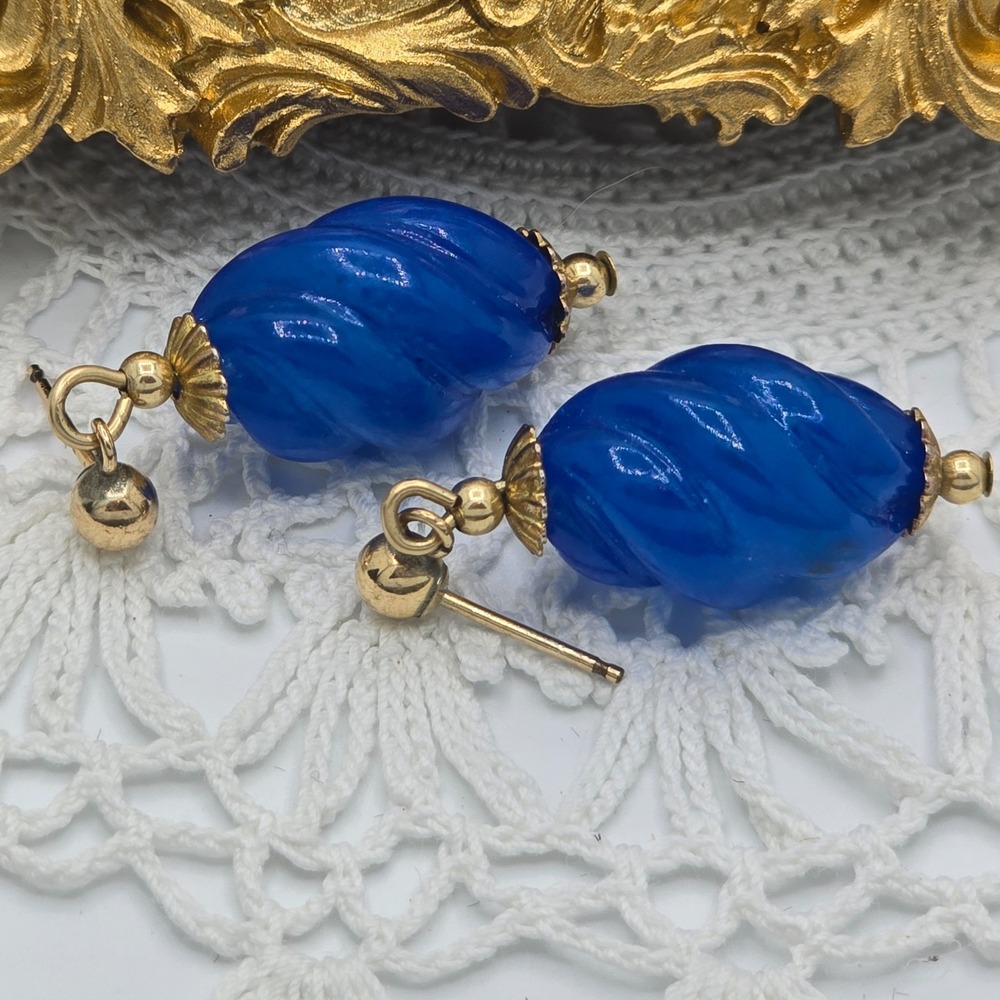 Vintage Cobalt Blue Swirl Earrings 14K GF Post Dangle Signed - Picture 7 of 8